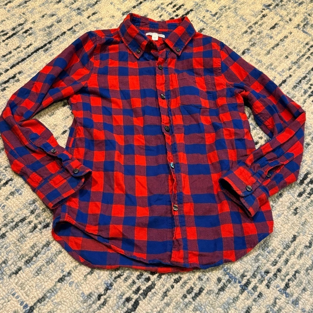Rockets of Awesome Plaid Checked Button Down Flannel Shirt, Red, Blue, Size 10